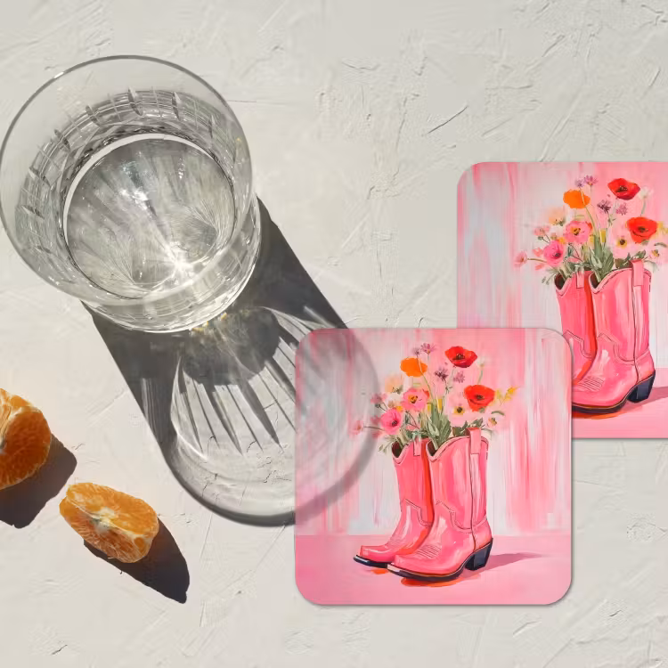 Roze - Bloemen - Cowboy onderzetter kurk middel -sfeer4