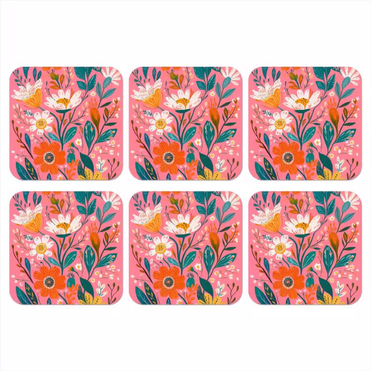 Roze - Bloemen - Wit - Oranje onderzetter kurk middel -3d