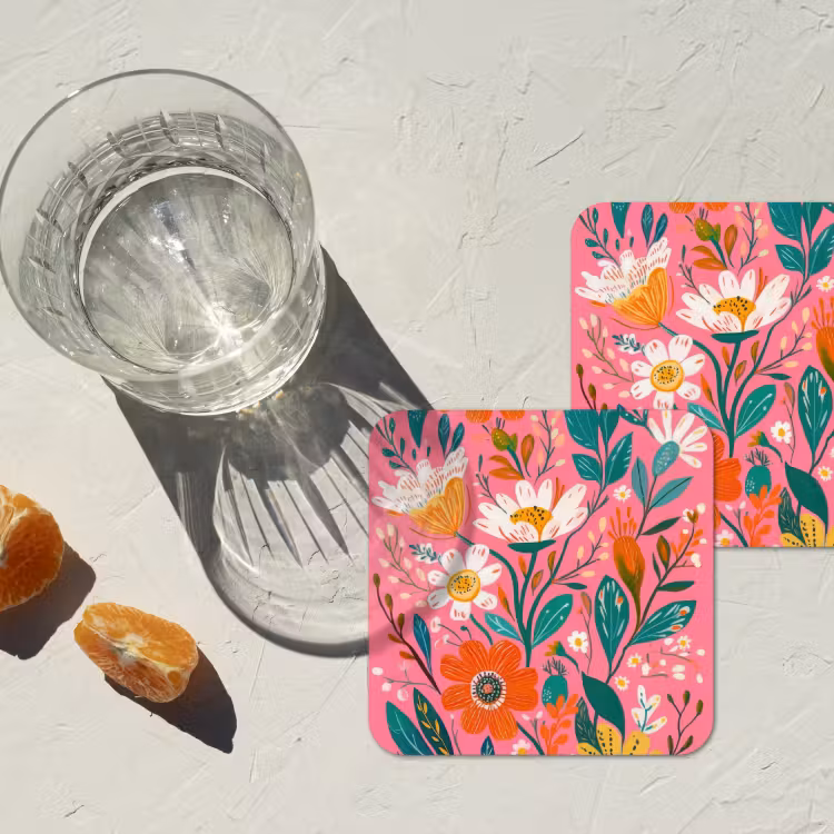 Roze - Bloemen - Wit - Oranje onderzetter kurk middel -sfeer4