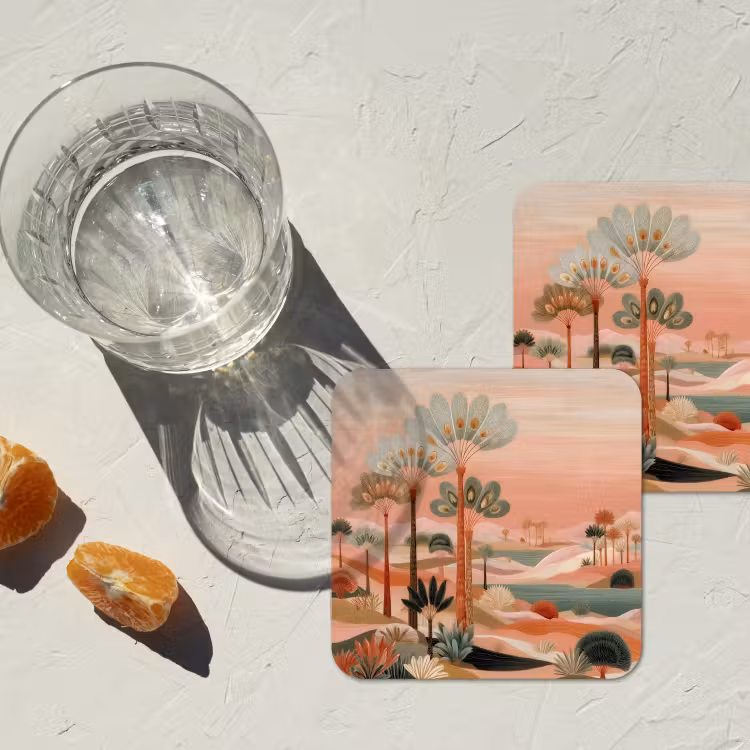 Roze landschap - Palmen - Water onderzetter kurk middel -sfeer4