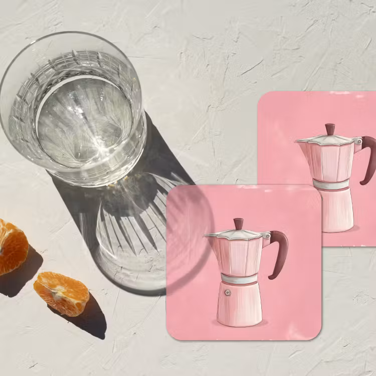 Roze - Mokkapot - Illustratie - Koffie onderzetter kurk middel -sfeer4