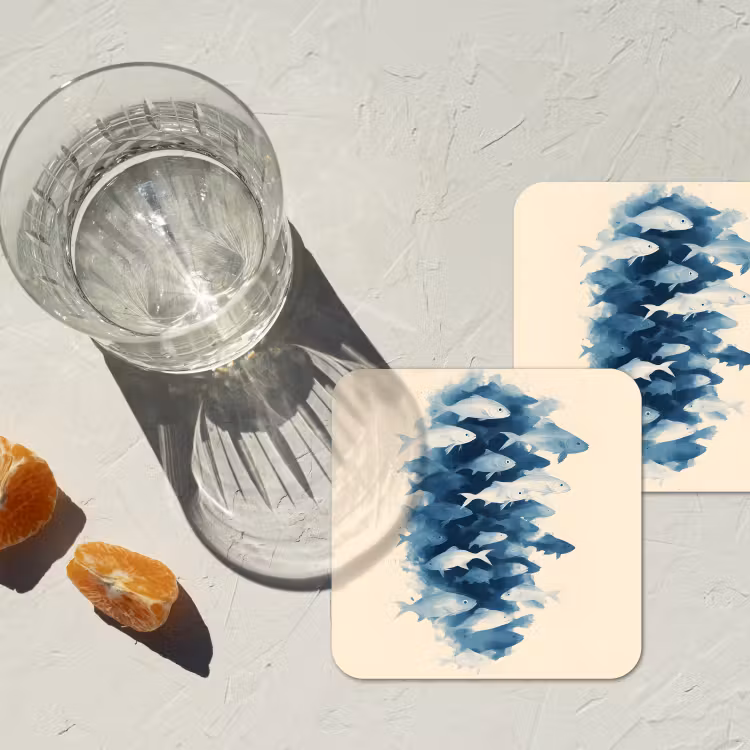 Vissen - Minimalistisch - Blauw onderzetter kurk middel -sfeer4