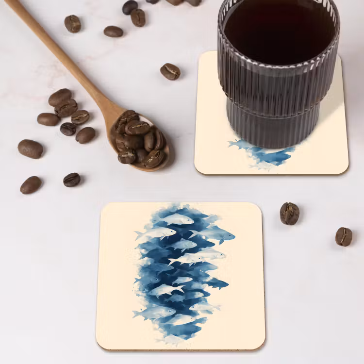 Vissen - Minimalistisch - Blauw onderzetter kurk middel -sfeer2