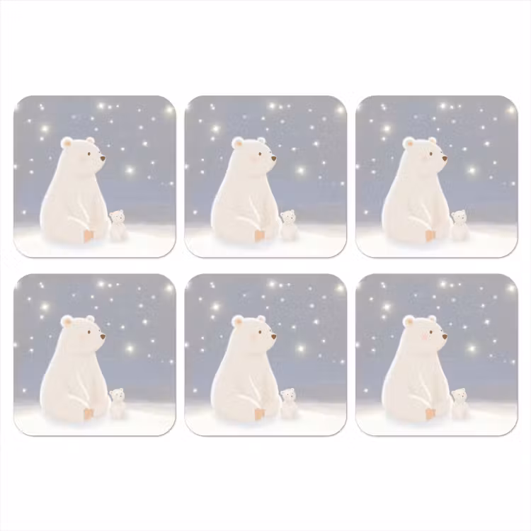 Ijsbeer - Sneeuw - Sterren - Blauw onderzetter kurk middel -3d