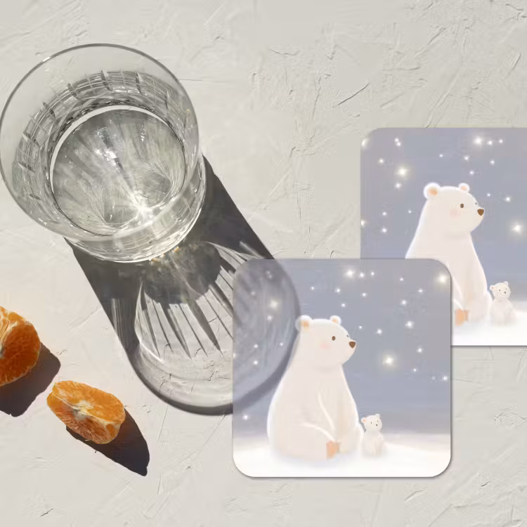 Ijsbeer - Sneeuw - Sterren - Blauw onderzetter kurk middel -sfeer4