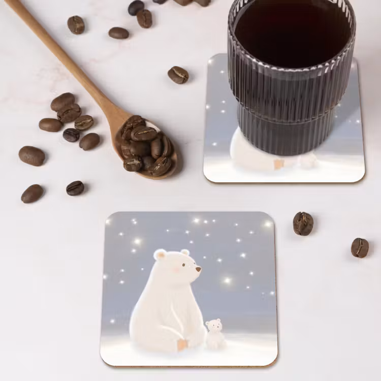Ijsbeer - Sneeuw - Sterren - Blauw onderzetter kurk middel -sfeer2