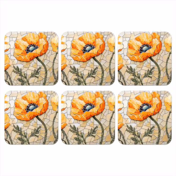 Klaprozen - Oranje - Mozaïek - Bladeren onderzetter kurk middel -3d