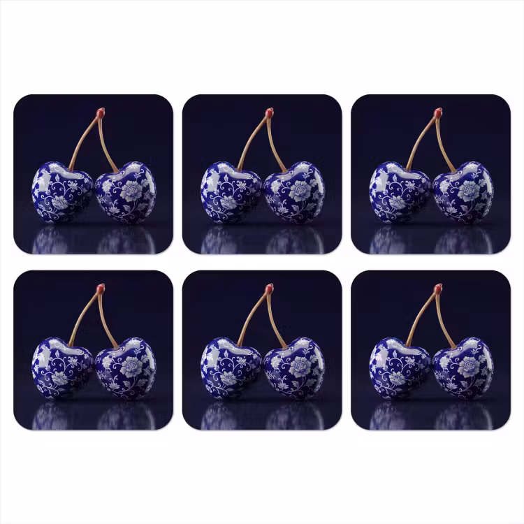Porselein- Kersen - Delfts - Blauw onderzetter kurk middel -3d
