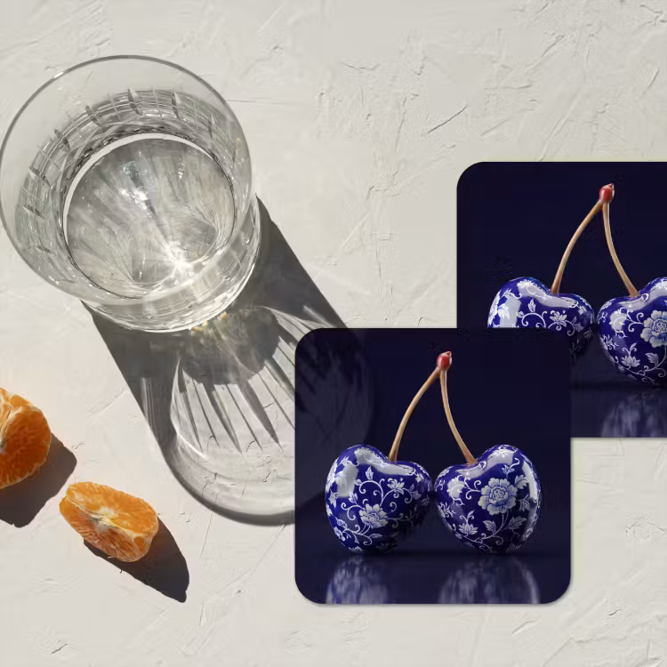 Porselein- Kersen - Delfts - Blauw onderzetter kurk middel -sfeer4