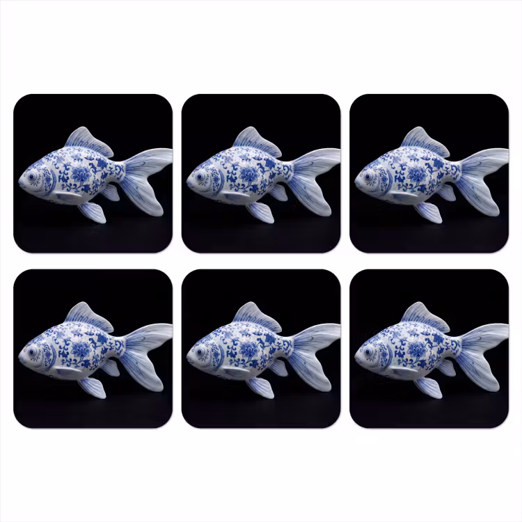 Porselein - Goudvis - Delfts - Blauw onderzetter kurk middel -3d