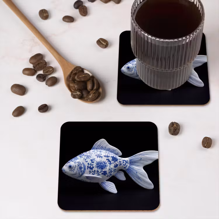 Porselein - Goudvis - Delfts - Blauw onderzetter kurk middel -sfeer2