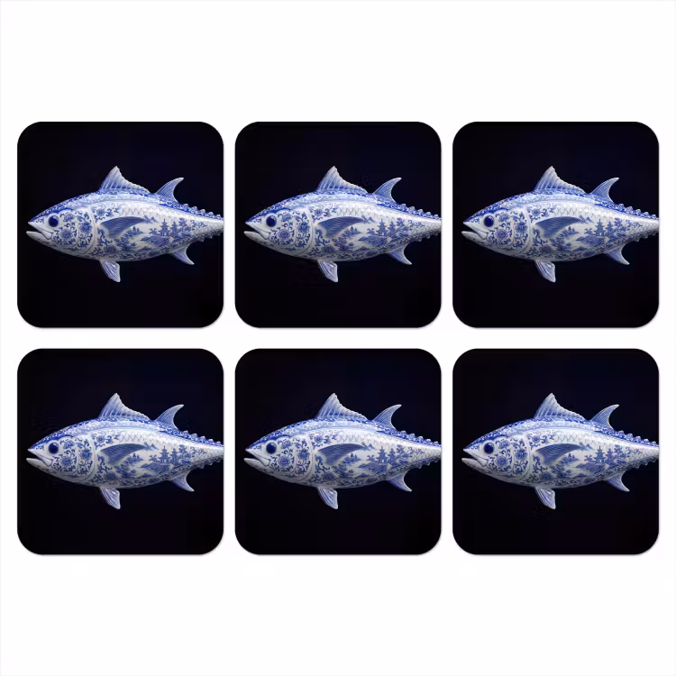 Porselein - Tonijn - Delfts - Blauw onderzetter kurk middel -3d