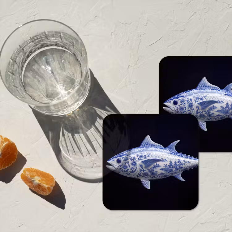 Porselein - Tonijn - Delfts - Blauw onderzetter kurk middel -sfeer4