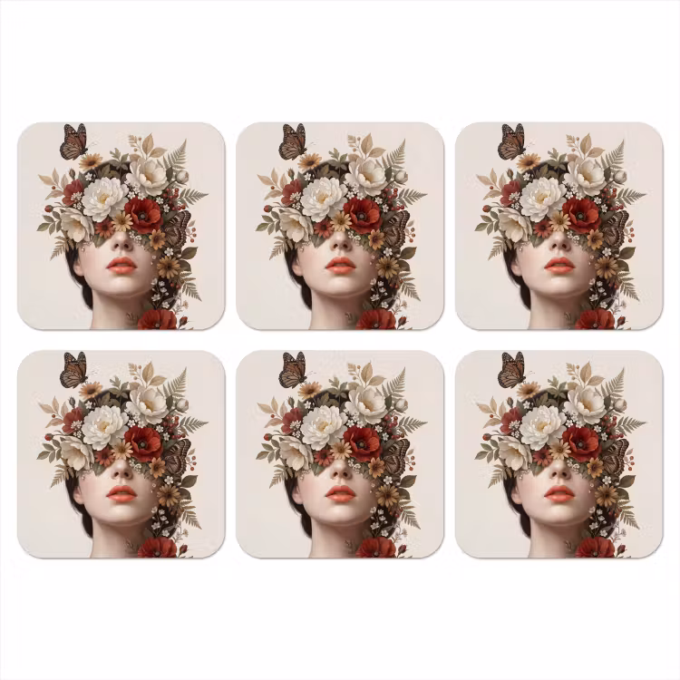 Portret - Bloemen - Cremé onderzetter kurk middel -3d