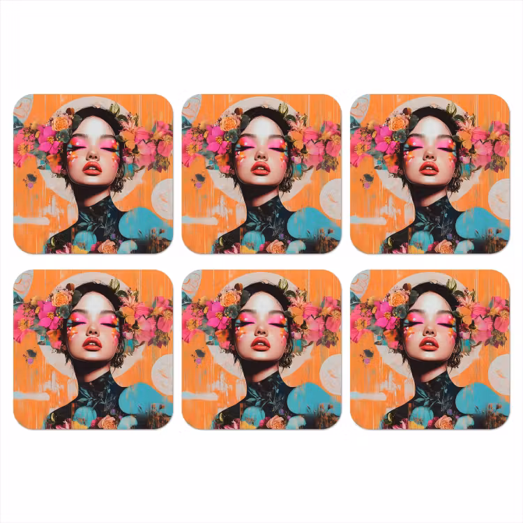 Portret - Vrouw - Abstract - Bloemen onderzetter kurk middel -3d