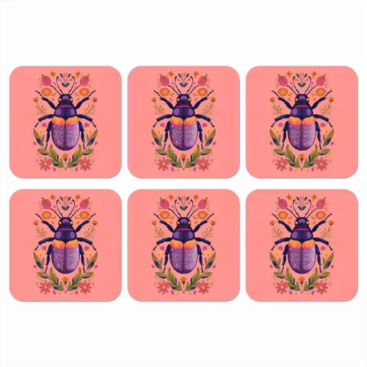 Paars - Kever - Stipjes - Bloemen onderzetter kurk middel -3d