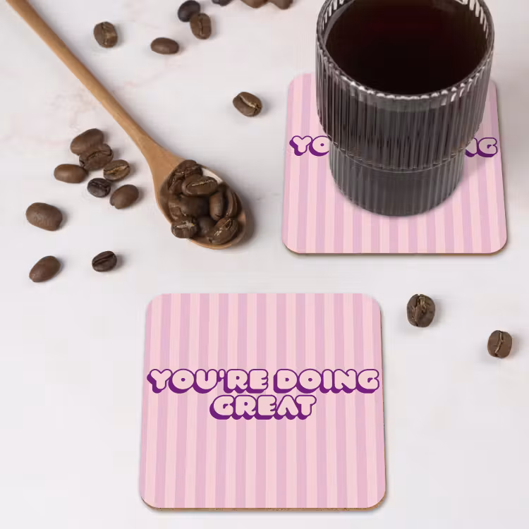 Paars - Strepen - You're doing great - Schaduw onderzetter kurk middel -sfeer2