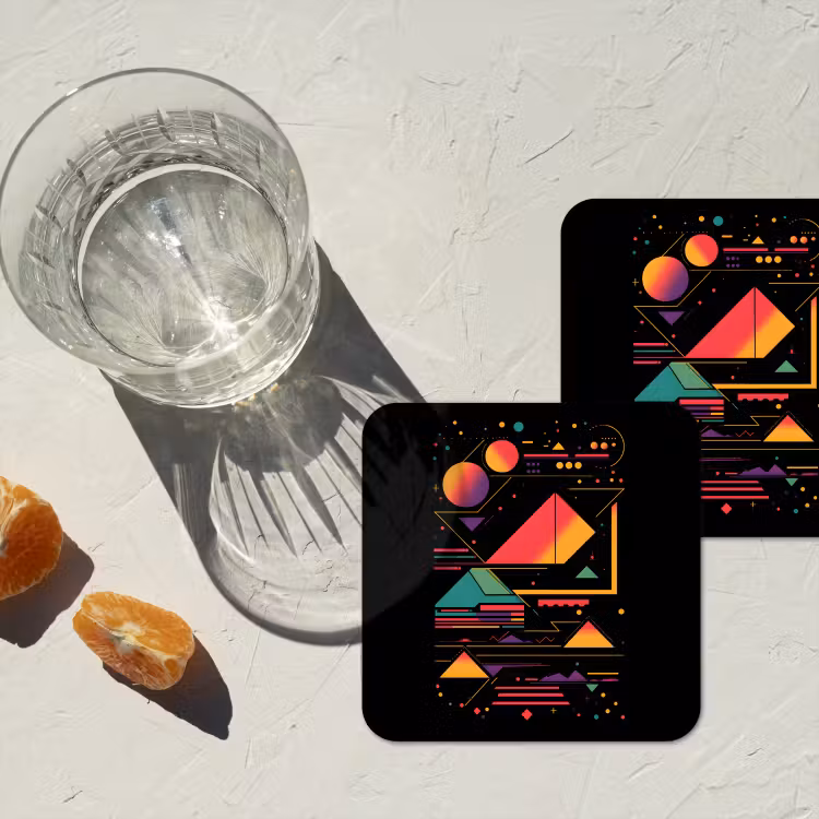 Piramides - Cirkels - Neonkleuren - Geometrisch onderzetter kurk middel -sfeer4
