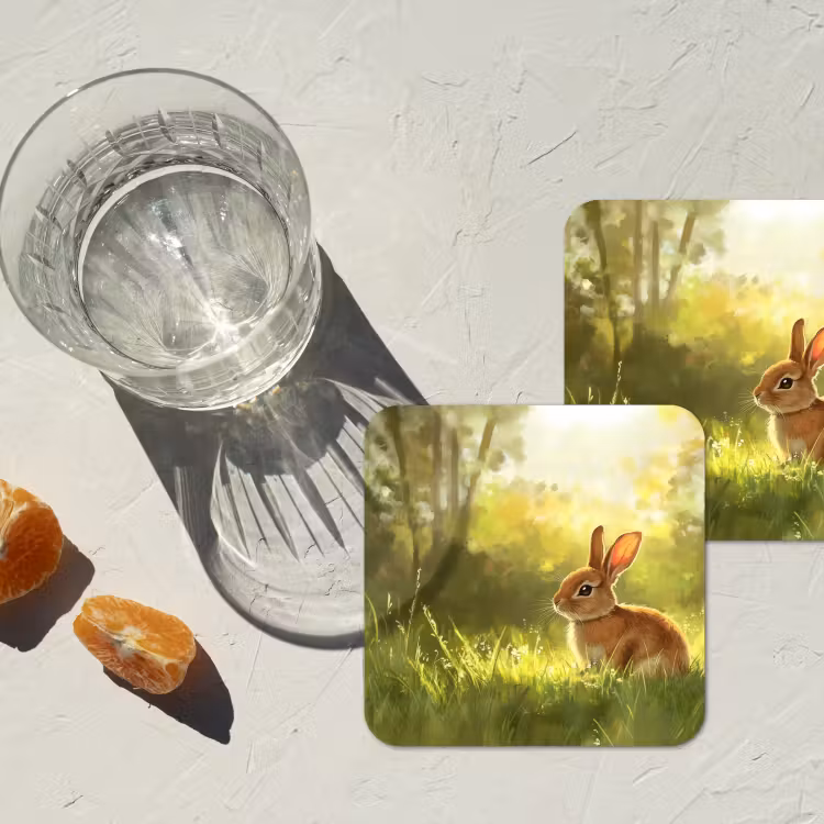Konijn - Zonlicht - Bos onderzetter kurk middel -sfeer4