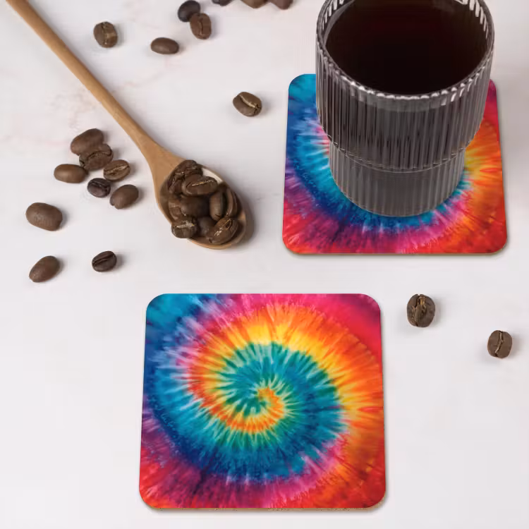 Regenboogkleuren - Tie dye - onderzetter kurk middel -sfeer2