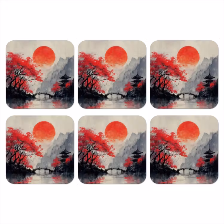Rode zon - Rivier - brug - Bomen onderzetter kurk middel -3d