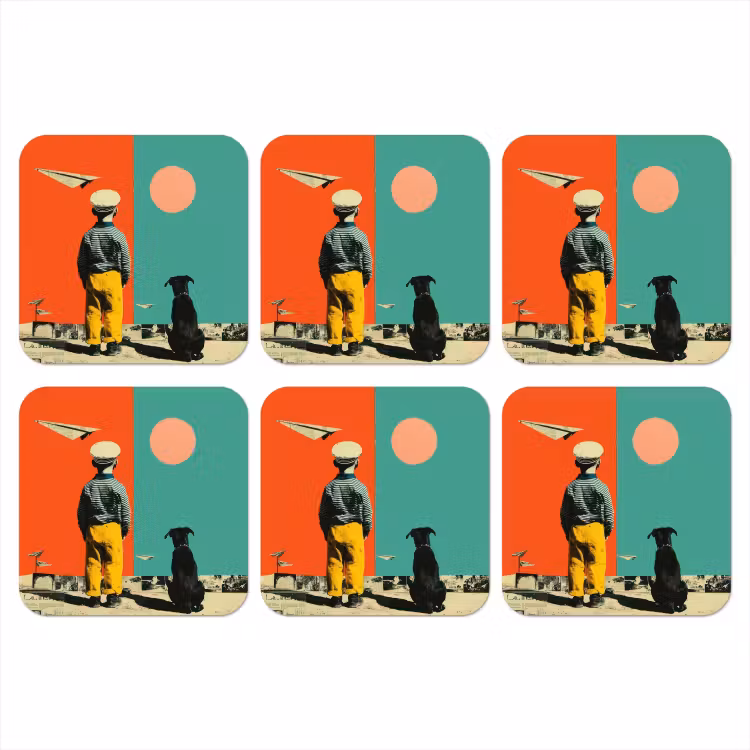 Retro - Jongen - Hond - Rood - Groen onderzetter kurk middel -3d