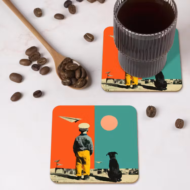 Retro - Jongen - Hond - Rood - Groen onderzetter kurk middel -sfeer2