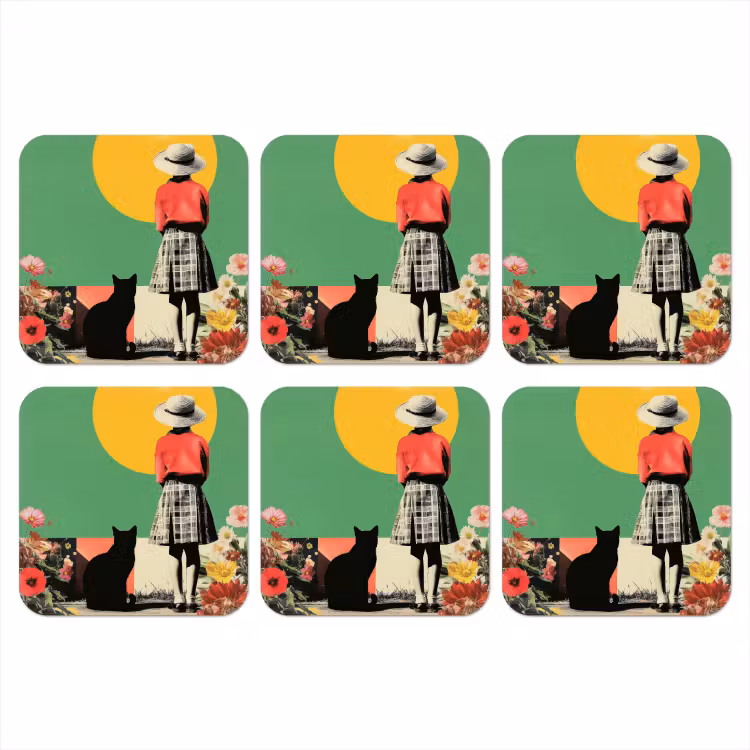 Retro - Meisje - Kat - Zon onderzetter kurk middel -3d