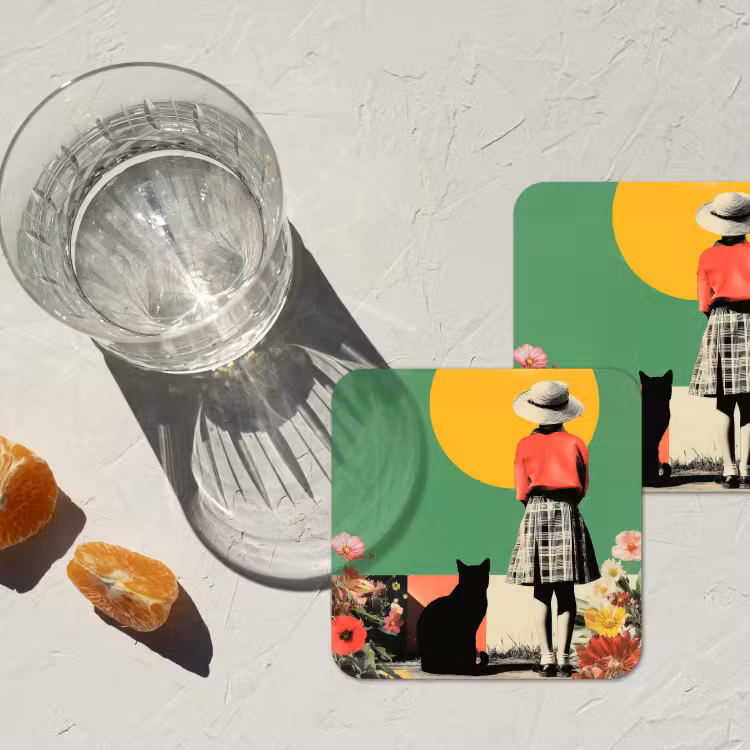Retro - Meisje - Kat - Zon onderzetter kurk middel -sfeer4