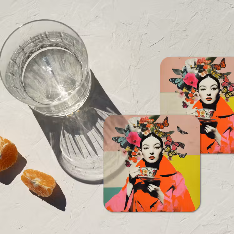 Retro - Vrouw - Kopje - Vlinders onderzetter kurk middel -sfeer4