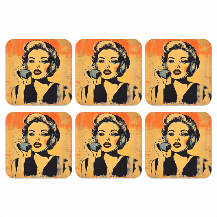 Retro - Vrouw - Koptelefoon - Oranje onderzetter kurk middel -3d