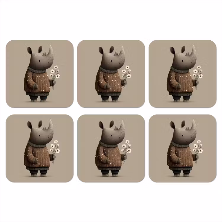 Neushoorn - Witte bloemen - Lief onderzetter kurk middel -3d