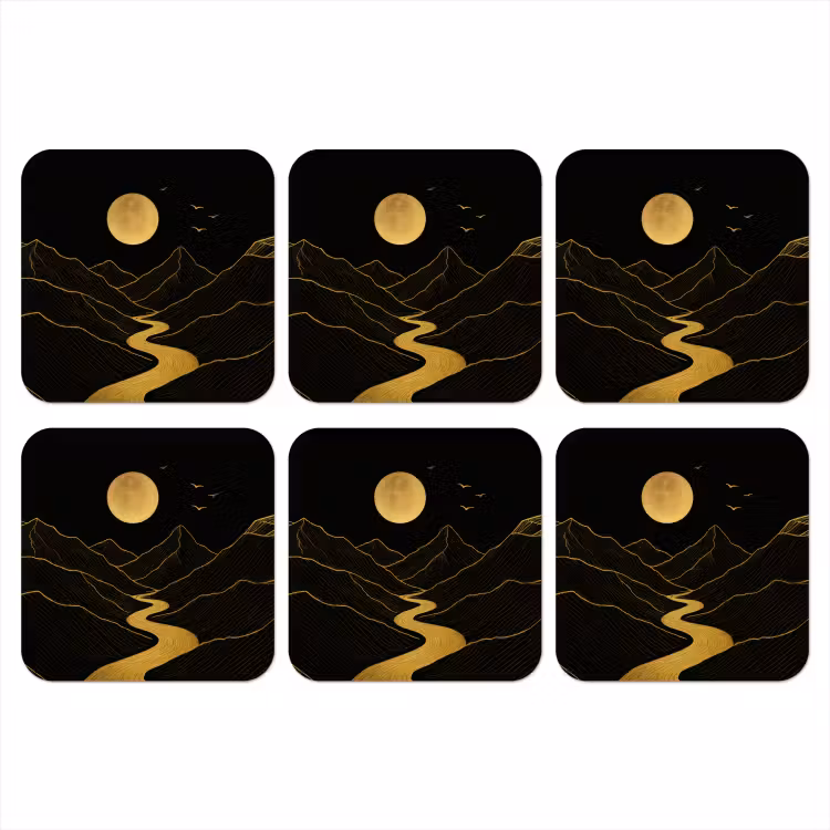 Rivier - Goud - Maan - Vogels onderzetter kurk middel -3d