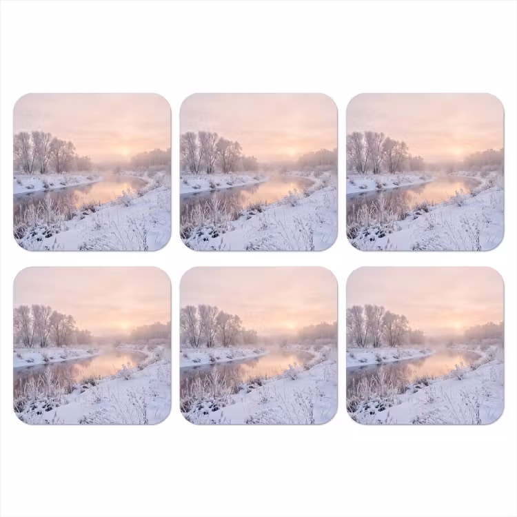 Rivier - Winter - Landschap - Sneeuw - Zonsopgang onderzetter kurk middel -3d