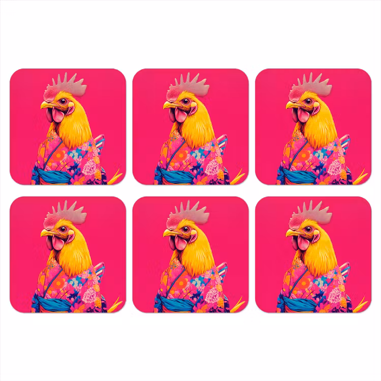 Haan - Kleurrijk - Kimono - Roze onderzetter kurk middel -3d