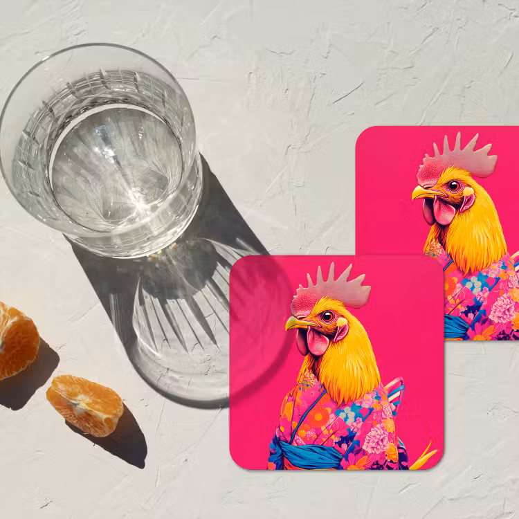 Haan - Kleurrijk - Kimono - Roze onderzetter kurk middel -sfeer4