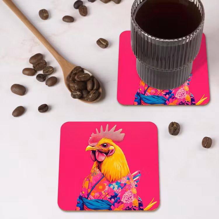 Haan - Kleurrijk - Kimono - Roze onderzetter kurk middel -sfeer2