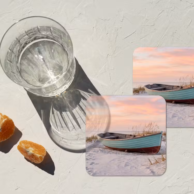 Rustiek - Roeiboot - Zandstrand onderzetter kurk middel -sfeer4