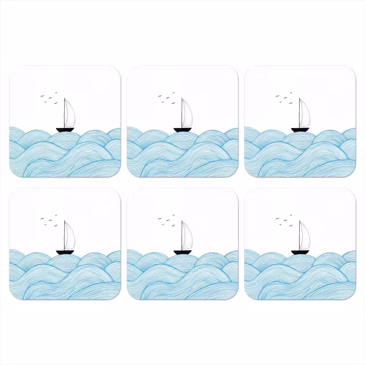 Zeilboot - Golven - Zee - Illustratie - Blauw onderzetter kurk middel -3d