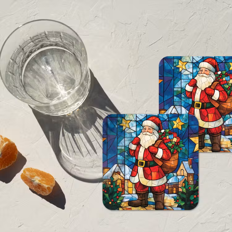 Kerstman - Glas - Kleurrijk onderzetter kurk middel -sfeer4