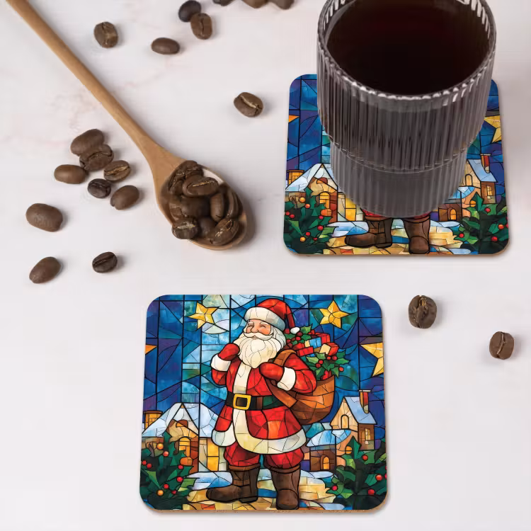 Kerstman - Glas - Kleurrijk onderzetter kurk middel -sfeer2