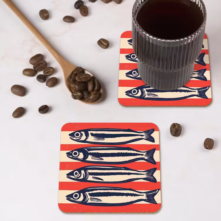 Sardines - Rood en beige strepen onderzetter kurk middel -sfeer2
