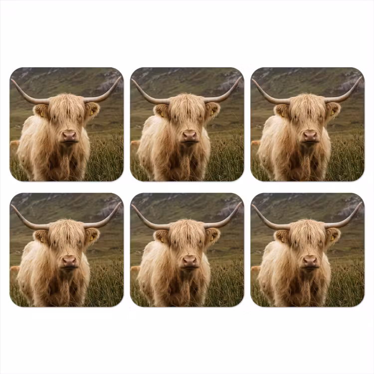 Schotse hooglander - Bergen - Grasveld onderzetter kurk middel -3d
