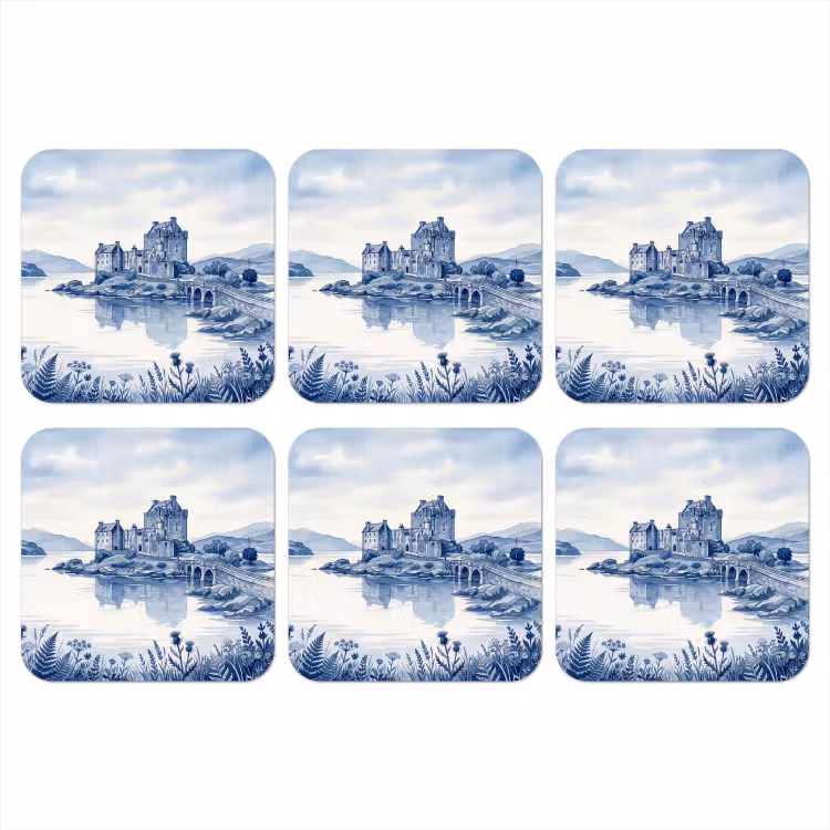 Schots - Kasteel - Blauw - Aquarel onderzetter kurk middel -3d