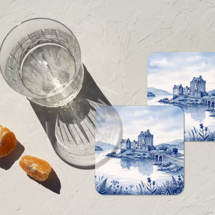 Schots - Kasteel - Blauw - Aquarel onderzetter kurk middel -sfeer4