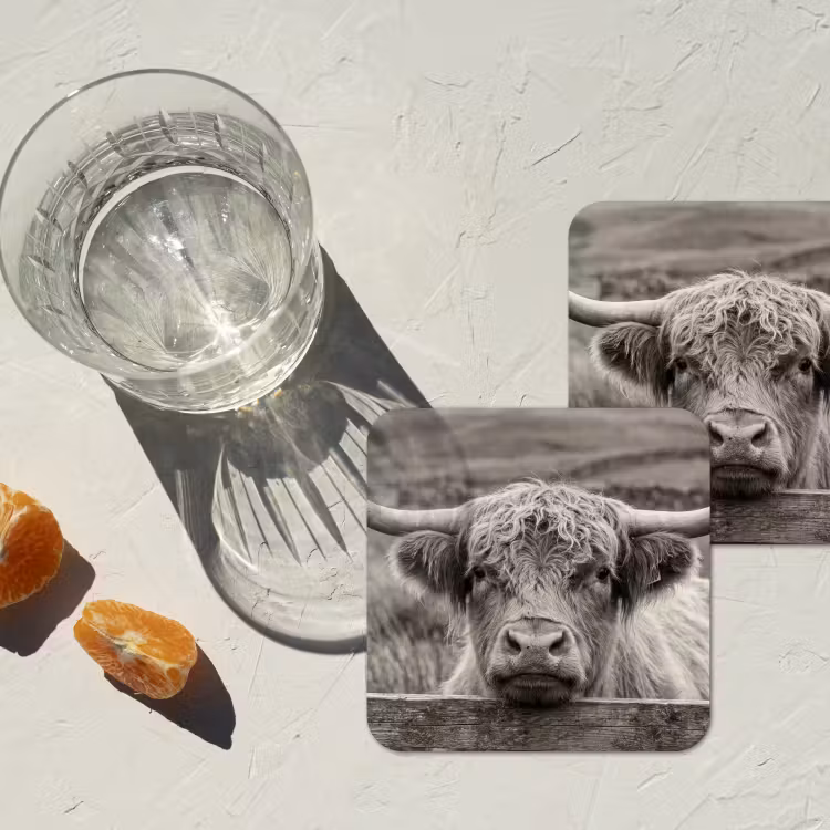 Schotse hooglander - Zwart - Wit - Hout onderzetter kurk middel -sfeer4