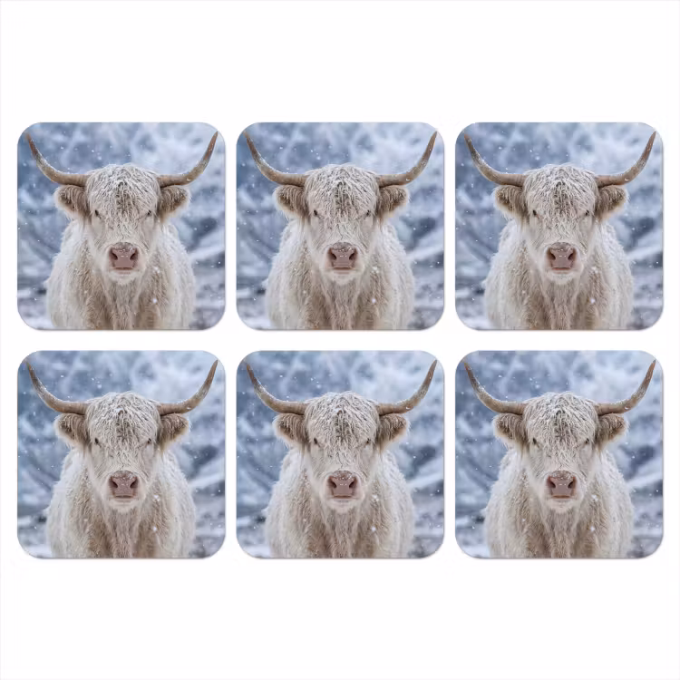 Schotse Hooglander - Sneeuw - Bergen - Winter onderzetter kurk middel -3d