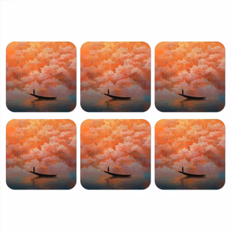 Zee - Boot - Wolken - Oranje onderzetter kurk middel -3d