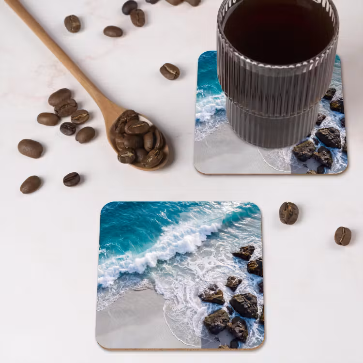 Zee - Golf - Strand - Natuur - Blauw onderzetter kurk middel -sfeer2