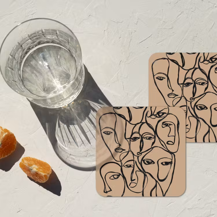 Gezichtenzee - Lijntekening - Abstract onderzetter kurk middel -sfeer4
